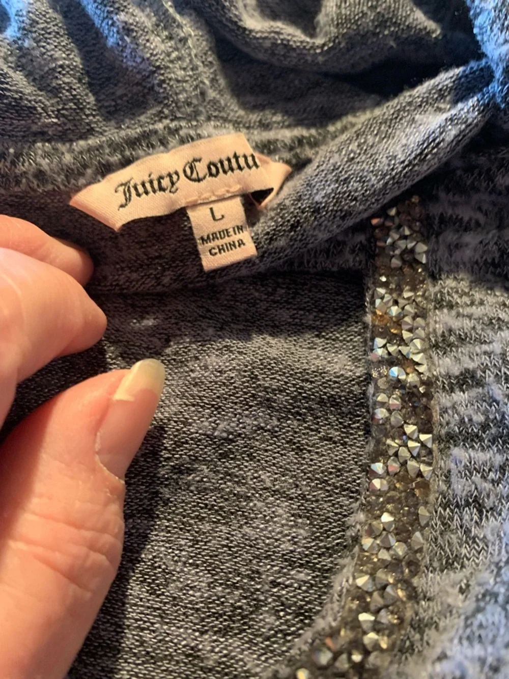 Juicy Couture Gray Embellished Hooded Knit Top Size Large - Picture 7 of 8
